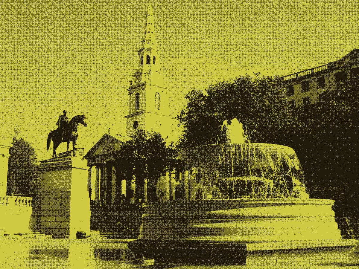A snapshot of somewhere in London. I don't remember where. There's a big fountain and a statue of a guy on a horse. Not nelson I don't think.
